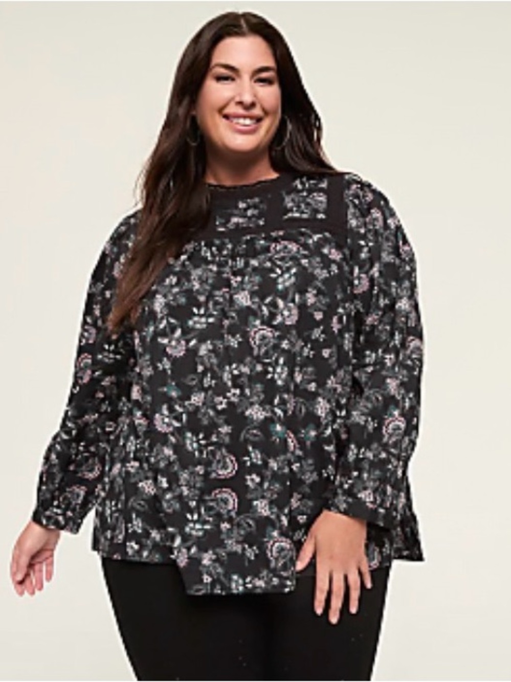 Lane Bryant Black Floral Long-Sleeve Tunic